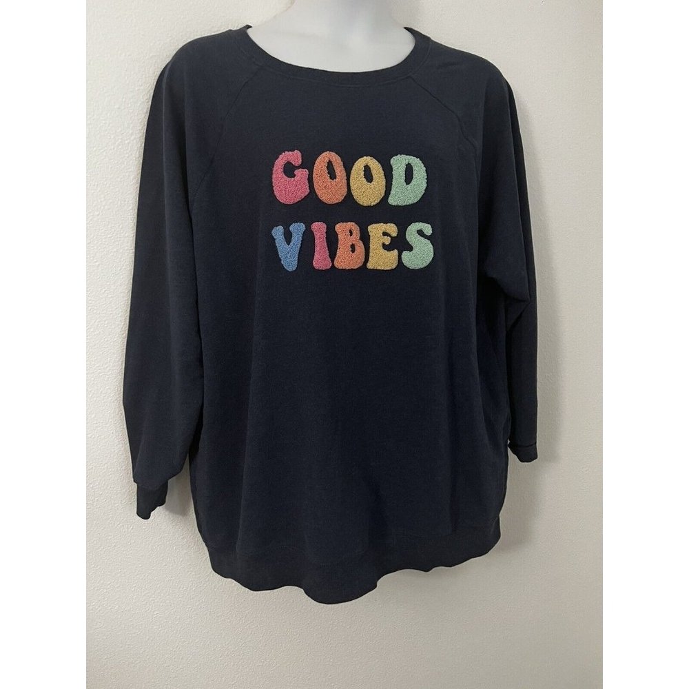 Wildfox Women's Navy Good Vibes Long Sleeve Knit Sweatshirt Size XL Exce…